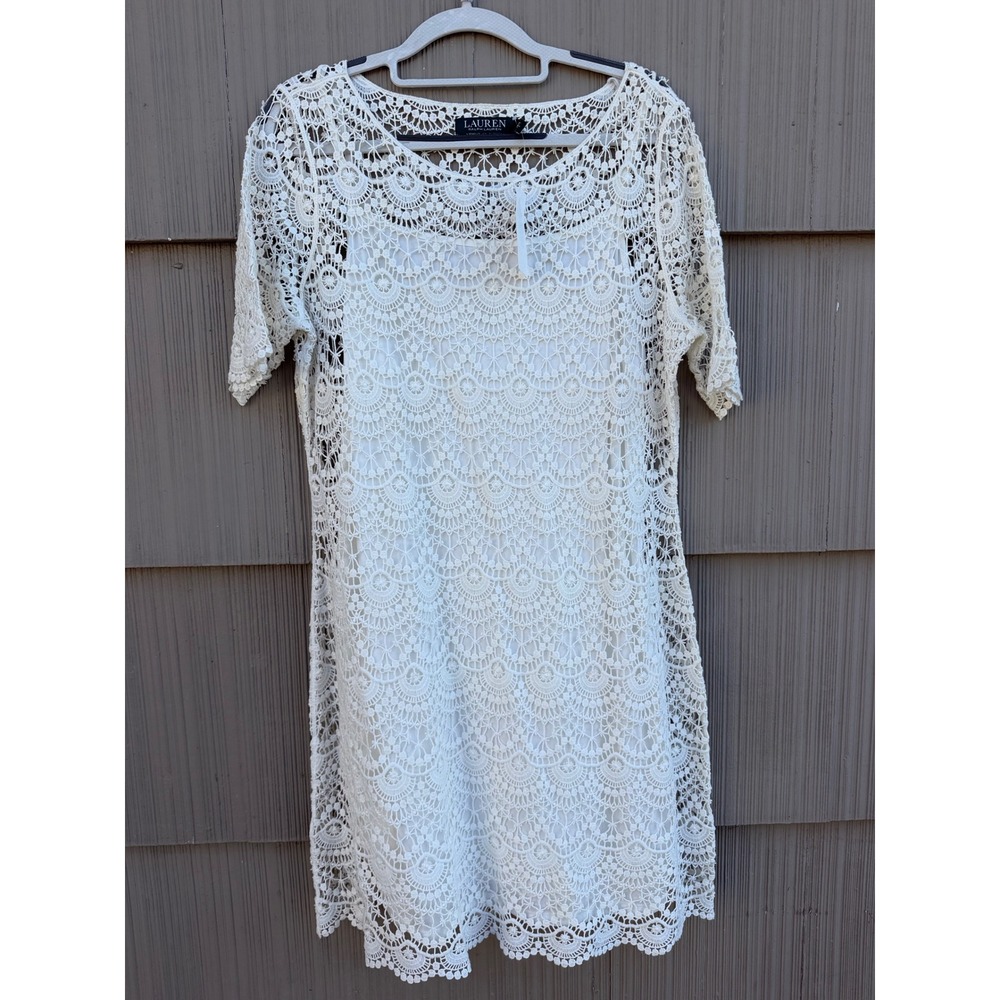 lauren ralph lauren lace dress pxl white nwt crochet scallop bridal party shift